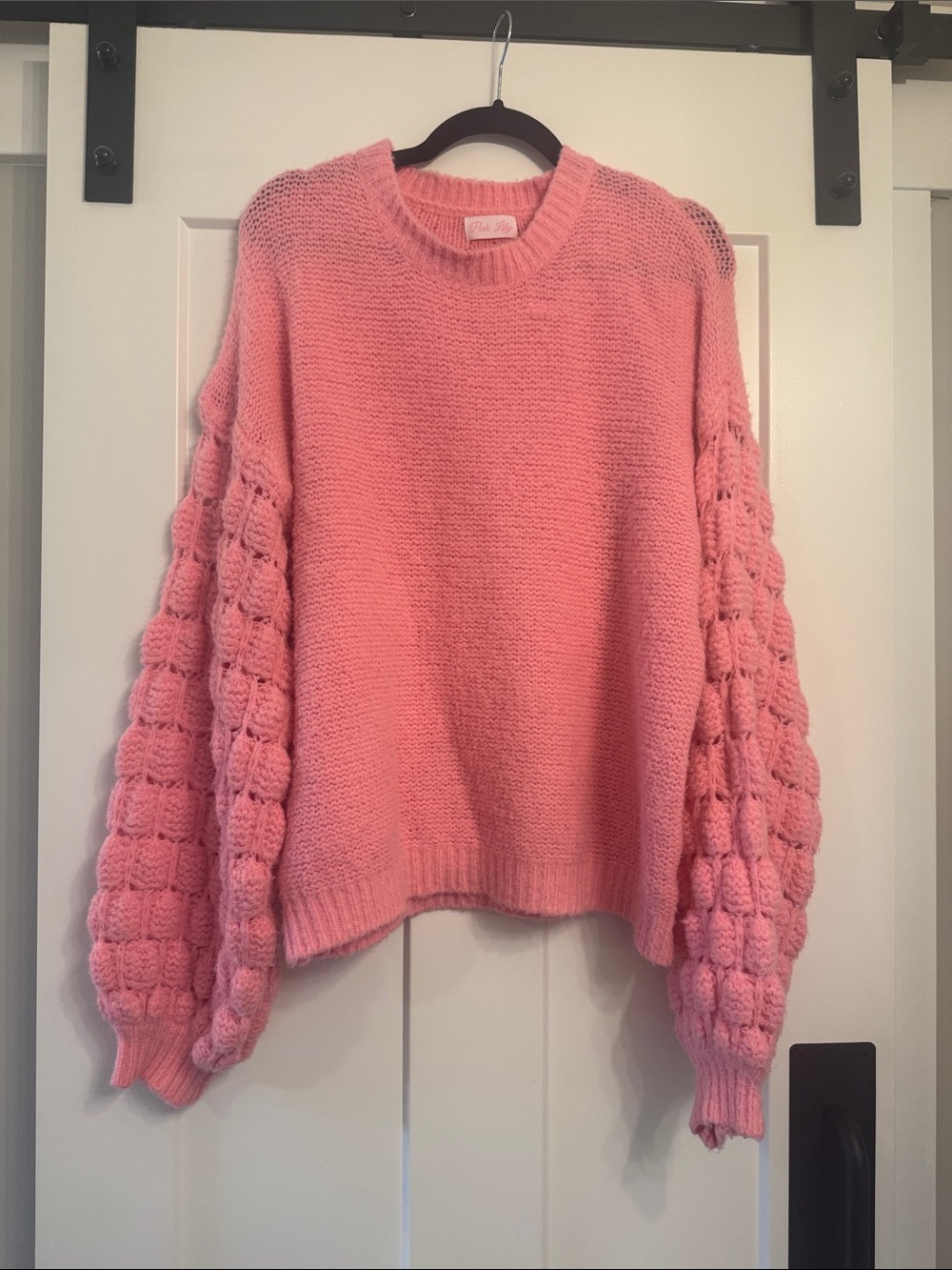 Pink Lily Pink Bubble Sleeve Crew Neck Sweater